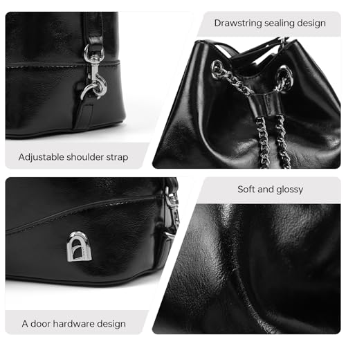 LA FESTIN Leather Purses for Women Cute Backpack Lightweight Shoulder Small Trendy Bucket Handbags with Strap Silver Chain (Black)3