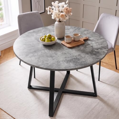 Image of Blisswood Round Dining Table, 4 Seater Scratch-Resistant Top Dining Table with Black Cross Legs, Kitchen Table with Adjustable Foot Pads, Modern Dining Room Furniture for Breakfast & Home, Concrete