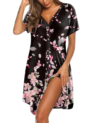 Image of Ekouaer Women's Button Down Nightgown Short Sleeve Sleepshirt V Neck Night Shirt Soft Pajamas Dress with Pockets