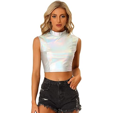 Allegra K Top Corto metálico para Mujer, Camisetas sin Mangas holográficas Brillantes Cover