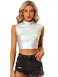 Allegra K Metallic Crop Top for Women's Halloween Shiny Sleeveless Holographic Party Tank Tops Small Silver