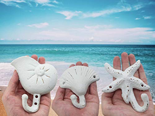 Sea Snail Starfish Shell Shape Cast Iron Nautical Wall Hooks Set, 3-Pack Assorted Rustic White Seaside-Themed Wall Mount Coat Hooks, Beach Coastal Wall Decor - Image 2