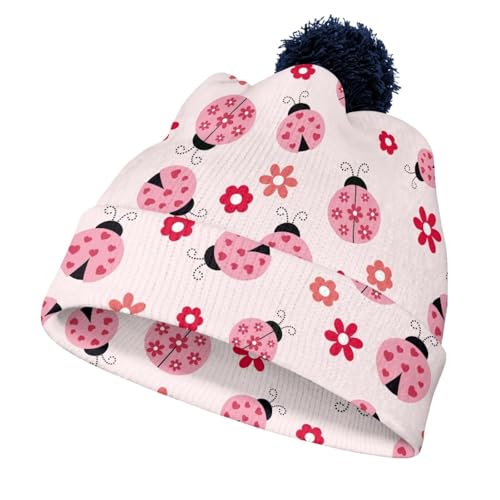ORGYPET Ladybug Floral Children's Woolen Hat with Ball Beanies for Boys Colorful Vibrant Toddler Beanie Winter Hats for Kids Children's Woolen Hat with Ball for Everyday Wear