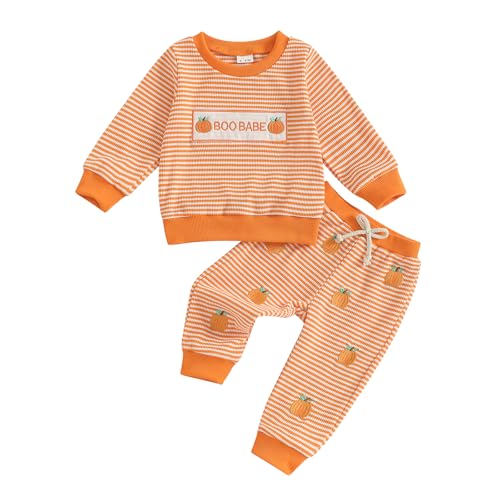 Toddler Boy Girl Halloween Outfit Boo Babe Stripe Waffle Sweatshirt Witch Hat/Pumpkin Sweatpants Newborn Fall Clothes