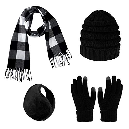 Dxhycc Winter Warm Sets Knitted Beanie Hat Touch Screen Gloves Plaid Scarf And Earmuff For Men Or Women #TOP5