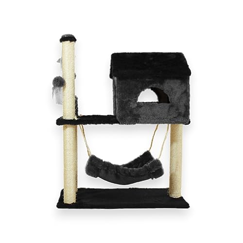 Casa Arranhador Playground Brinquedo Com Rede Poste Sisal Gato – Preto/Cinza