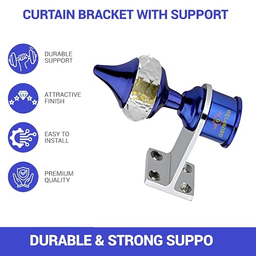 Image of Crystal Diamond Design with Golden Sprinkle Filling Design Rod Rail Bracket with Heavy Support for Door & Window | Aluminium and Iron Curtain Clamp with Stand (Pack of 1 Pair, Blue)