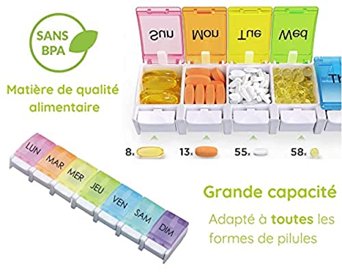 Pilulier Semainier FRANCAIS 7 jours | Pilules, Medicament Pour chaque jour de semaine | Rangement Grande capacité | Ouverture facile |Ideal Voyage| Accessoire médicaux Arc-en-ciel Sans BPA – Image 2
