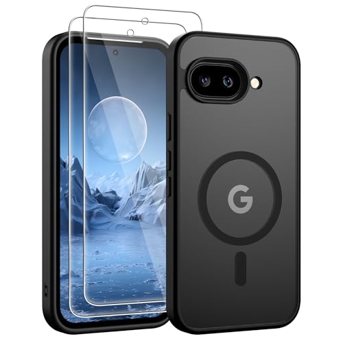 Jshru Magnetic for Pixel 9A Case Compatible with Magsafe with HD Screen Protectors X2 [Durable & Sturdy] Slim Translucent Protective Cover Google Pixel 9A-Black