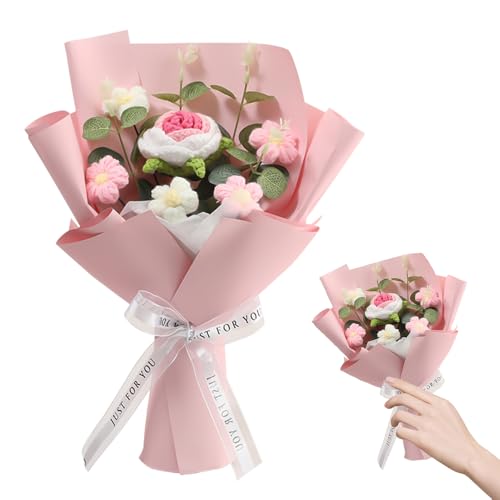 KQWVZ Bouquet di fiori all'uncinetto, realizzato a mano con rose, kit di fiori all'uncinetto con luci LED, per festa della mamma, compleanno, San Valentino, matrimonio, laurea, anniversario
