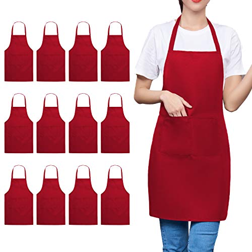 Trendbox Plain Bib Apron, 12 PCS Washable Wine Red Cooking Aprons for Women with 2 Pockets, Durable Comfortable Unisex Apron for Waist size 30" to 42" for Chef Waitress Artist School