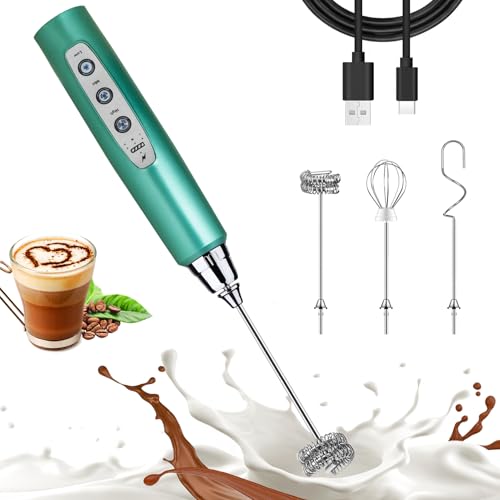 Image of Nahida Green Milk Frother Wand for Coffee, Frother Handheld Rechargeable Electric Whisk with 3 Heads 3 Speeds Drink Mixer Coffee Frother Foam Maker For Latte, Cappuccino, Hot Chocolate, Egg