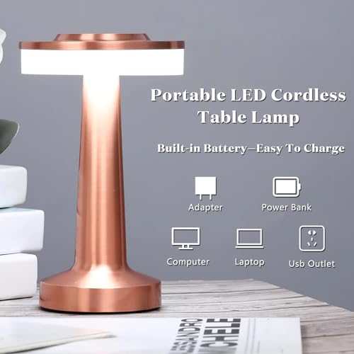 Image of Riakrum 2 Pcs LED Cordless Table Lamp Bulk Rechargeable,Rose Gold | Portable Wireless Lamps, 3 Color Stepless Dimming, 15 Hour Battery, Touch Control, Wedding Home Restaurant Decor