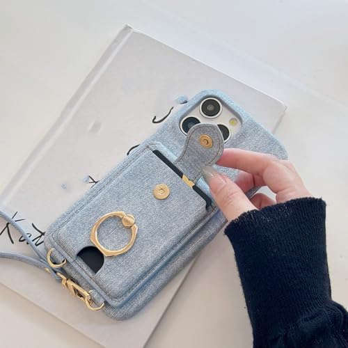 Coque iPhone portefeuille en cuir PU bleu clair porte-cartes lanière support amovible