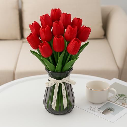 Image of Pink Olive Tulip Flowers Bunches | for Home Decor | Living Room, Corner Table, Bedroom, Wedding Party Decor, Gifting | Real Like Feel, Artificial Flower | Bunch of 05 (Red Tulip)