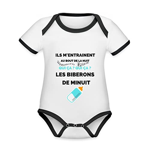 Spreadshirt® Biberons de Minuit Humour Naissance Drôle Cadeau Original Body Bébé Bio Manches Courtes, 0-3 Mois, Blanc/Noir
