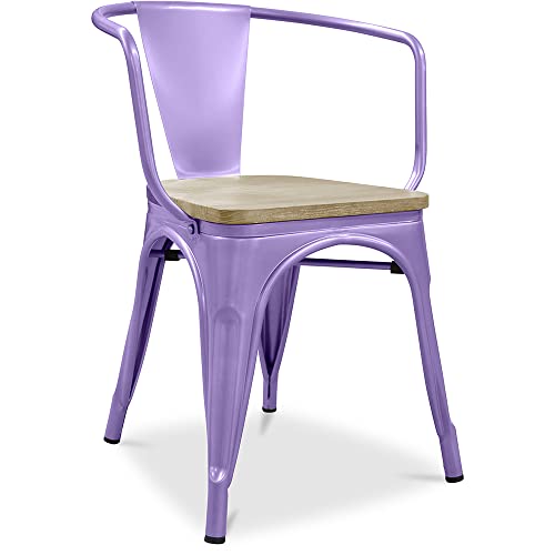 Iconik Interior Tolix Style Silla de comedor con reposabrazos, madera y acero, Stylix morado pastel