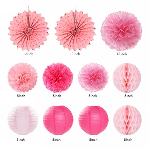 Image of Light Hot Pink Birthday Party-Decorations - 21pcs Girl Happy Banner,Paper Lanterns Honeycomb,Tissue Pom Poms Flower Fan,Hanging Streamers Garland,18th 21st 30th Women Birthday Decor Supplies Huglony