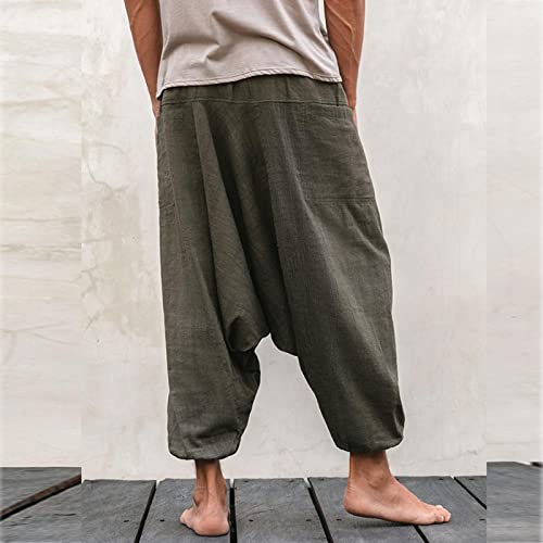 Men's Loose Solid Color Linen Pants Plus Size Casual Simple Bloomers Harem Yoga Pants Grey M #TOP2