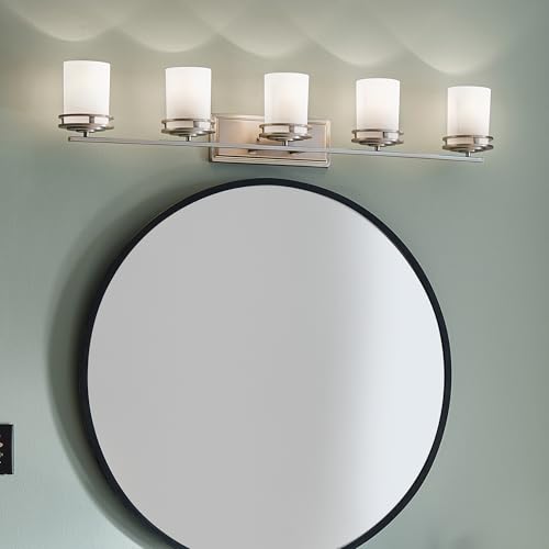 Image of Kichler Hendrik 43 inch Vanity Light in Brushed Nickel, 5-Light Modern Bathroom Vanity with Satin Etched Cased Opal Glass, (43 inch W x 7.75 inch H), 5085NI