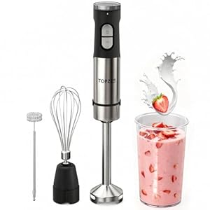 Topzee Stabmixer Set 1200W, 4-in-1 Pürierstab mit 15-stufiger Geschwindigkeitsregelung & Turbo-Taste, 304 Edelstahlklingen mit Spritzschutz, leiser Betrieb, spülmaschinengeeignetes Zubehör