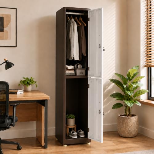 Image of Amazon Brand - Solimo 2 Door Steel Staff Locker Cabinet | Heavy Duty Lockable Storage Cupboard for Office Gym School Hostel Home | Powder Coated Metal Personal Storage Locker (Brown)