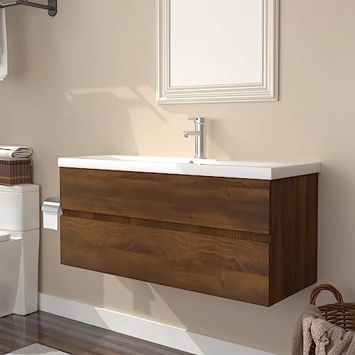 WKIEQACO Mueble de lavabo con lavabo integrado de roble marrón, gabinetes de madera de ingeniería y unidades de tocador de almacenamiento, unidades de tocador de baño