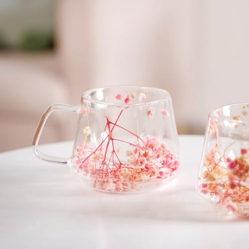 Image of Nestasia Double Wall Glass Mug with Dried Flowers Set of 2 (180ml Each) - Transparent Borosilicate Floral Glass Tea Cups | Lightweight & Durable Coffee Mugs - Perfect for Gifting (Pink)
