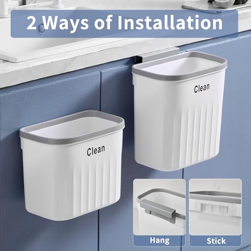Image of Hanging Trash Can for Kitchen, 2.2 Gallon Kitchen Garbage Bin Food Waste Container Kitchen Compost Bin Wall Mounted Trash Can for Kitchen Cupboard Bathroom Bedroom Office Under Sink - White
