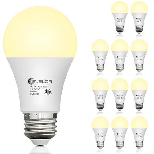 evelor 12-Packs A19 LED Light Bulbs,Soft White 2700K,Dimmable,E26 Base,9W - image 1