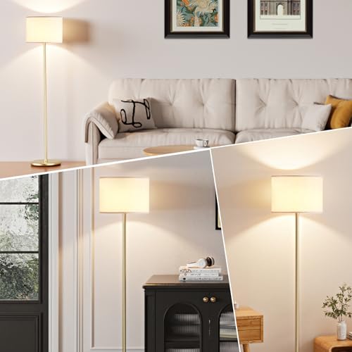 Image of Ambimall 60'' Modern Floor Lamp with Shade, Tall Lamps for Living Room, Bedroom, Office, Dining Room, White Shade with Gold Pole(Without Bulb)