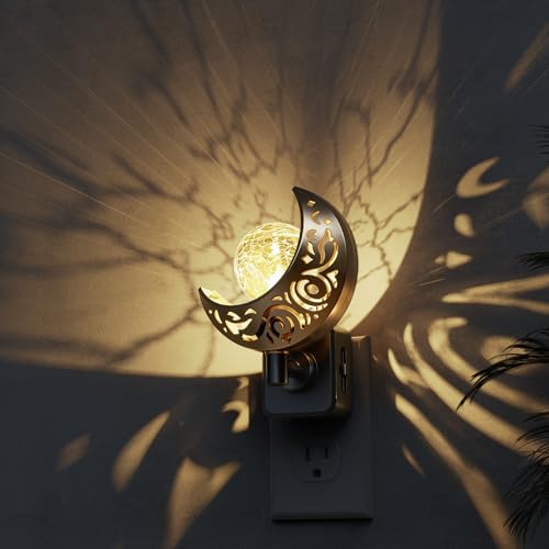 Image of L LOHAS LED Night Lights Plug into Wall: Moon Sphere Decor Landscape Night Light, Dusk to Dawn Sensor Glass Globe Nightlight, 0-100LM Dimmable, for Bedroom Living Room Hallway