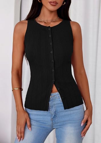 PRETTYGARDEN Womens Ribbed Tank Top Summer 2025 Open Front Button Down Sleeveless Shirts Fashion Clothing Going Out Vest Tops3