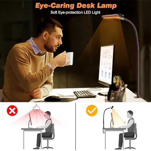 Image of Airlonv LED Desk Lamp for Office Home, Eye-Caring Desk Light with Stepless Dimming Adjustable Flexible Gooseneck, 10W USB Adapter Desk Lamp with Clamp for Reading, Study, Workbench (Brown)