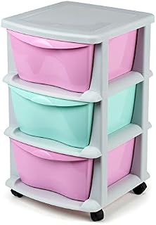 Maxi Nature Plastic Storage Drawers on Wheels - Sturdy Frame, Durable, Heavy Duty Organiser - 3 Tier Large Storage Unit for Kids Bedroom, Bathroom, Office - Made in Europe - Pink / Blue