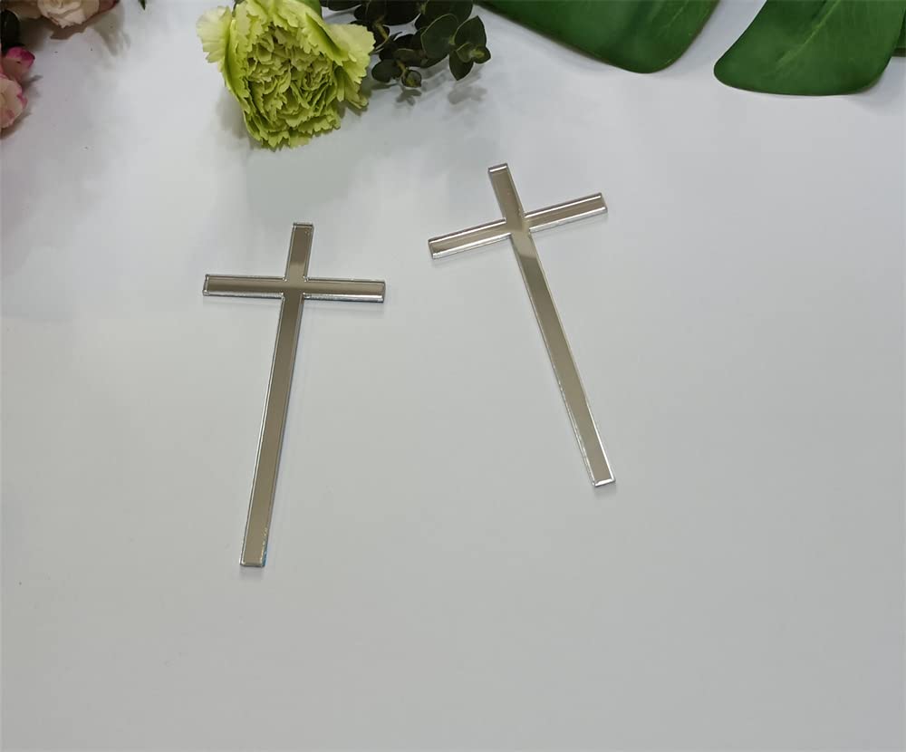 12pcs Slim Acrylic Cross Christening Baptism Confirmation Cake Charm, Acrylic Cross Cake Decoration (4'', Silver Mirror)