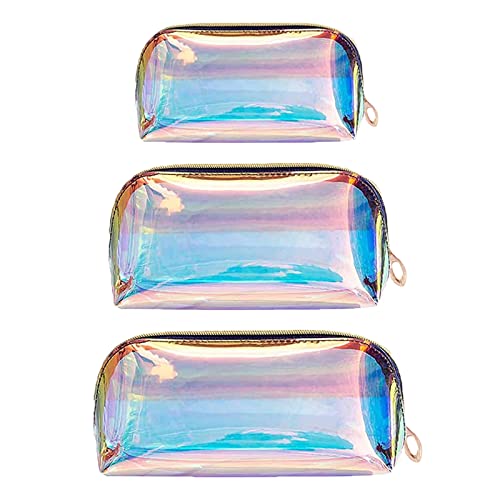 ANROLA Holographic Makeup Bag Iridescent Cosmetic Pouch Clear Waterproof Portable Travel Cosmetic Pouch TPU Zippered Toiletry Organizer bag for Women 3PCS