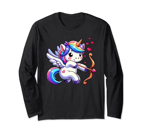 Lindo unicornio Cupido divertido amante del corazón San Valentín hombres mujeres Manga Larga