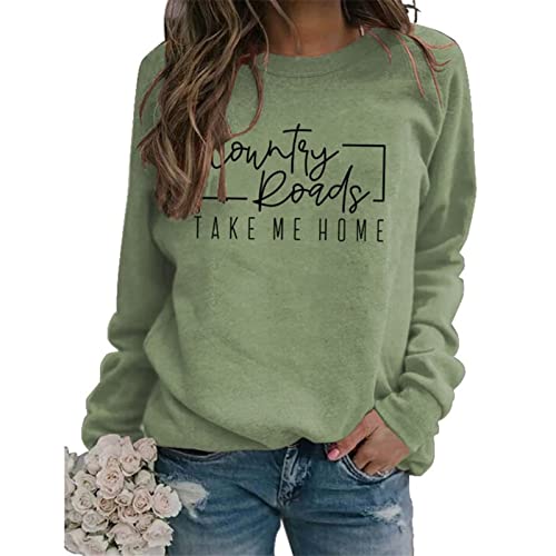 Womens Lightweight Pullovers Tops Country Roads Take Me Home Graphic Shirt Long Sleeve Crew Neck Sweatshirts Olive Green