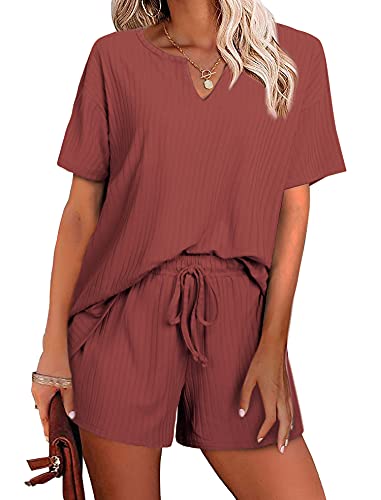 Women's Short Sleeve Pajamas Set Casual Two Piece Outfit Sets V Neck Tshirt and Shorts Set Fall Lounge Set Loose Fit Red,M
