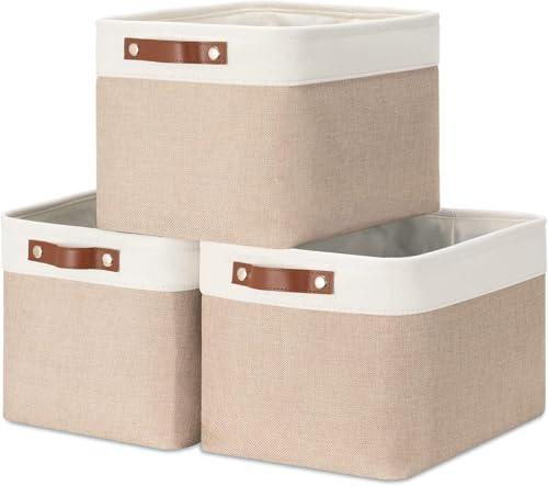 Tinyso Fabric Nursery Storage Baskets for Shelves(3 Pack),Foldable Large Storage Baskets for Organizing,Linen Storage Cube Box Decorative Baskets Bins with Handles for Closet,Clothes,Toy (Brown)