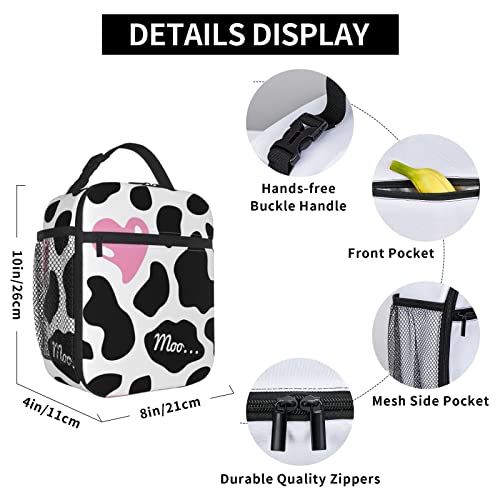 Yetta Yang Black And White Cow Print Pink Heart Cute Love Portable Lunch Bag Insulated Lunch Box Reusable Totes For Women Men Work Picnic Camping #TOP5