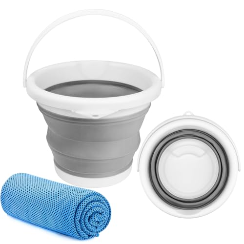 Garegce Collapsible Bucket -5L Foldable Silicone Portable Beach Sand Bucket with 1 Cooling Towel, Mop Buckets for Cleaning Tools, Ideal For Camping Beach Car Washing Laundry Fishing Home - Grey
