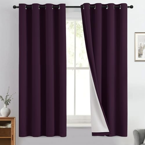 Image of Yakamok Dark Purple 100% Blackout Curtains 63 Inches Long 50 inch Wide 2 Panels | Blackout Curtain Panels for Bedroom, 2 Thick Layers Grommet Top Thermal Insulated Drapes with White Back for Living Room