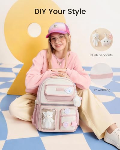 LOVEVOOK School Backpack for Girls, Cute Bookbag for Teen 8-16, DIY Friendly 15.6" Laptop Backpack for Middle High College Student Back to School, Bag with Water Bottle Pocket for Travel, Pink