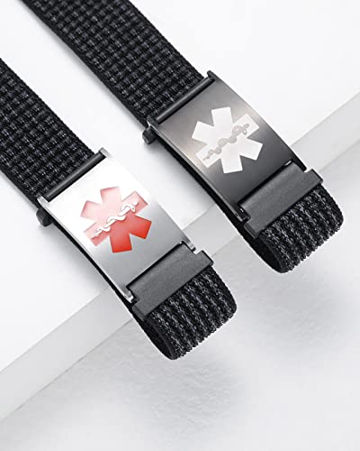 Personalized Sport Medical Alert Bracelets For Women Men - Custom Medical Id Bracelets With Free Engraving - Hook And Loop Buckle Nylon Wristband Emergency Bracelet Adjustable (Black/Silver Tag) #TOP5