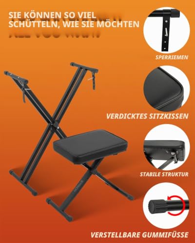 STRICH Keyboardständer & Klavierbank Set, höhenverstellbarer Doppel-X-Keyboardständer mit Klavierhocker für 54–88 Tasten E-Piano & Keyboard, tragbar und faltbar, Schwarz, SKT-01