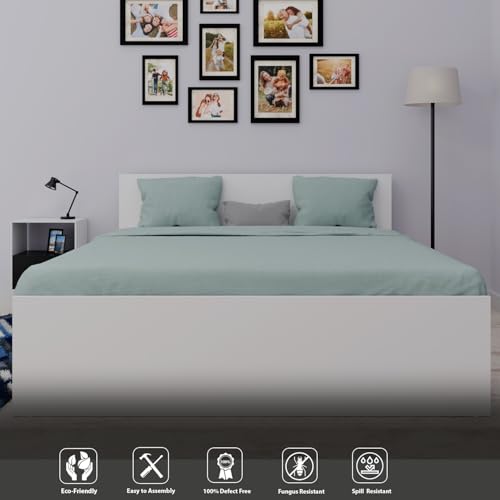 Image of VIKI Tapered King Size Wooden Bed Frame (70x80) | Engineered Wood Platform Bed for Bedroom | Modern Bedroom Bed Without Storage | Frosty White Finish | Free Assembly | 1 Year Warranty