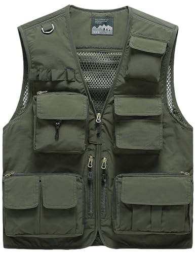 Vanchenl Herren Freizeit Safari Angeln Outdoor Arbeit Weste Jacke Foto Reise Cargo Mesh Weste Multi Taschen Armeegrün XL