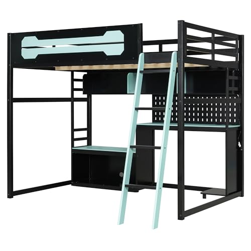Image of Harper & Bright Designs Full Size Wood Gaming Loft Bed with Desk and Storage Shelves, Modern Low Loft Bed Frame with LED Lights, USB Ports and Pegboard for Kids Teens Adults, Black+Blue